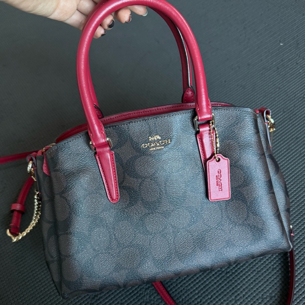 Coach Mini Lillie Carryall Purse in Signature Canvas with red